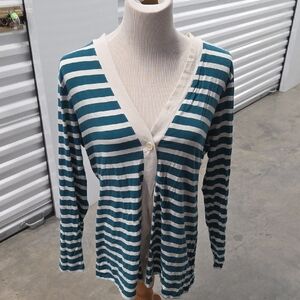Coldwater Creek Teal and Cream Striped Knit Top